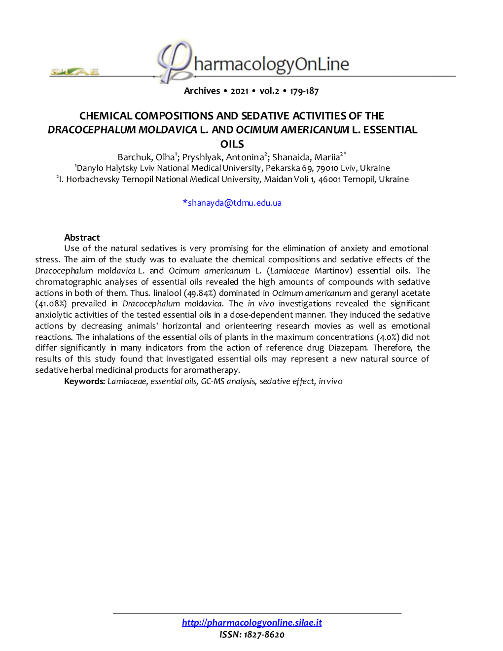 Chemical Compositions and Sedative Activities of the Dracocephalum Moldavica L. and Ocimum Americanum L. Essential Oils