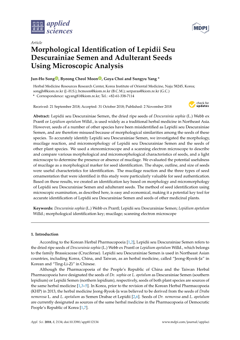 Morphological Identification of Lepidii Seu Descurainiae Semen and Adulterant Seeds Using Microscopic Analysis
