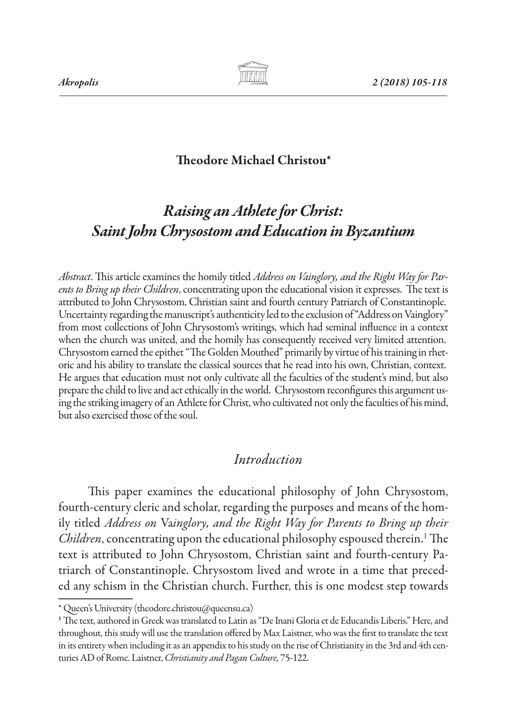 Raising an Athlete for Christ: Saint John Chrysostom and Education in Byzantium