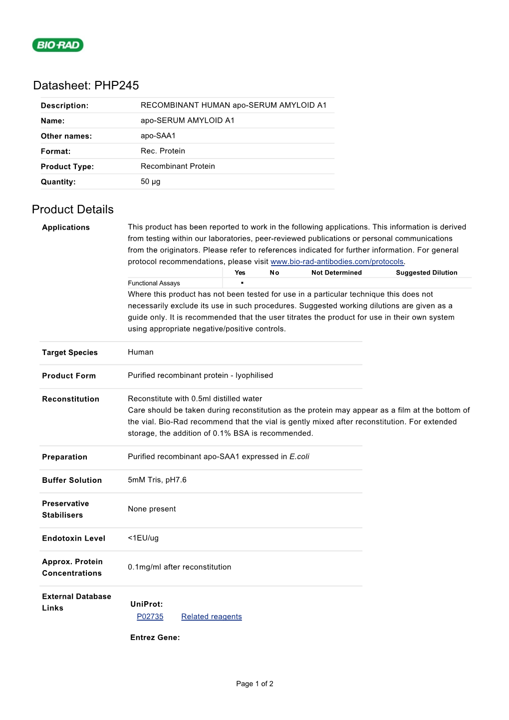 Datasheet: PHP245 Product Details