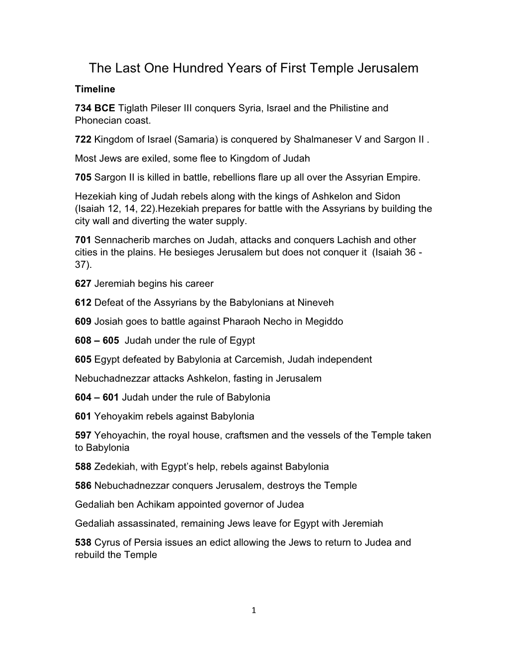 The Last One Hundred Years of First Temple Jerusalem Timeline 734 BCE Tiglath Pileser III Conquers Syria, Israel and the Philistine and Phonecian Coast