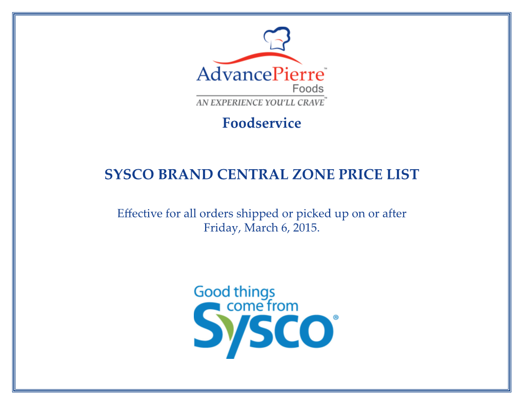 Foodservice SYSCO BRAND CENTRAL ZONE PRICE LIST