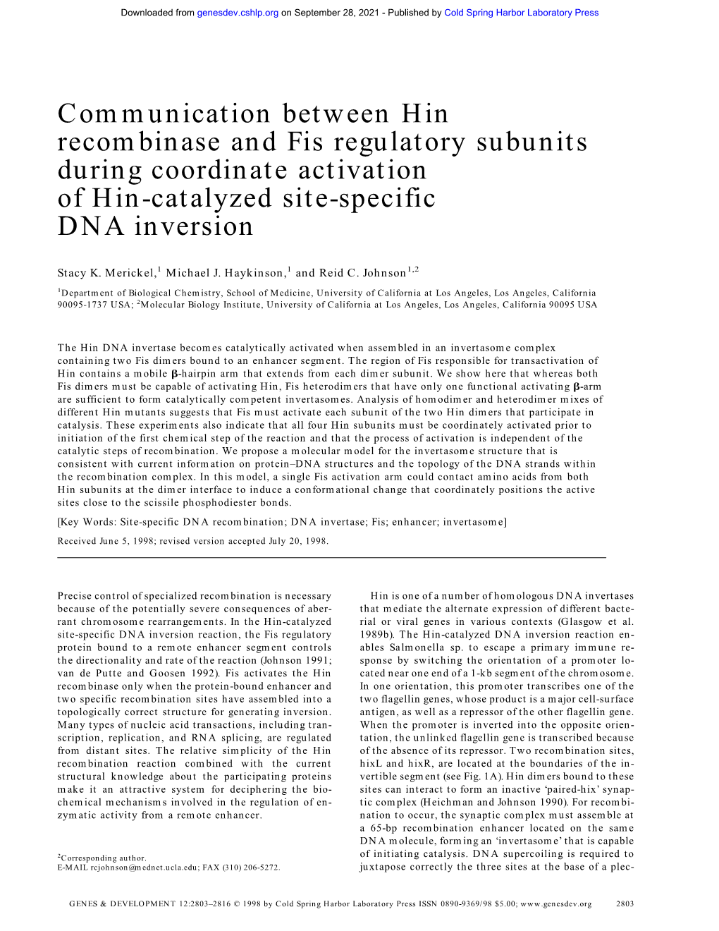 Communication Between Hin Recombinase and Fis Regulatory Subunits During Coordinate Activation of Hin-Catalyzed Site-Specific DNA Inversion