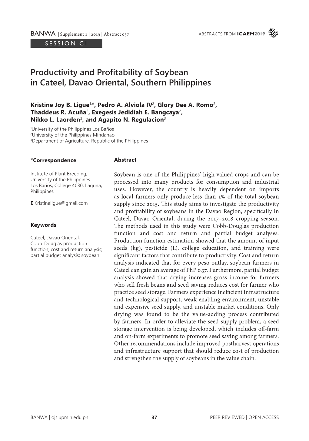 Productivity and Profitability of Soybean in Cateel, Davao Oriental, Southern Philippines