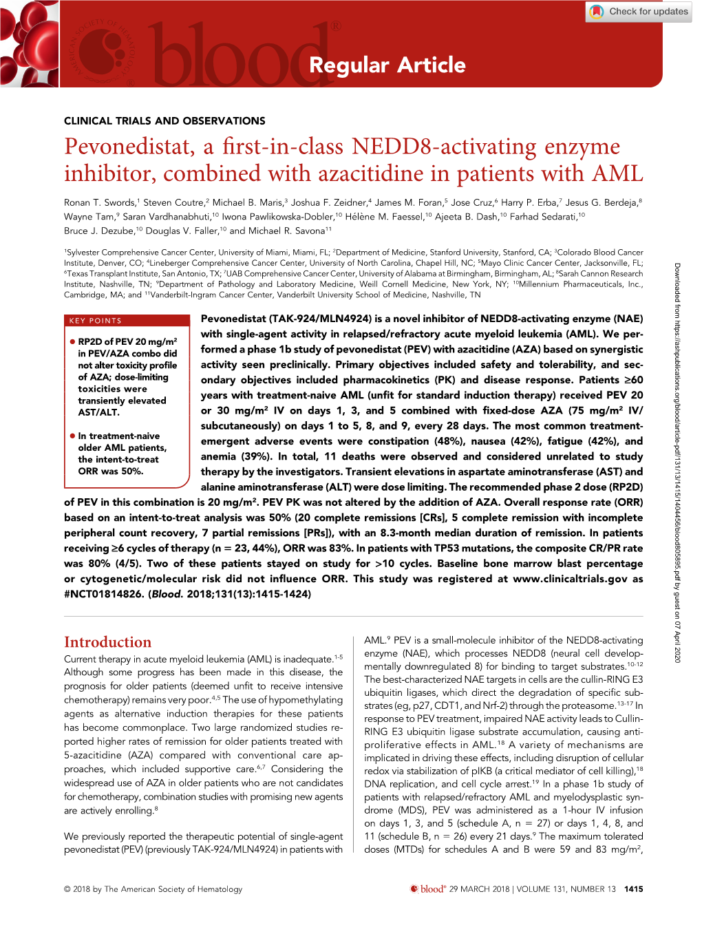 Pevonedistat, a First-In-Class NEDD8-Activating Enzyme Inhibitor, Combined with Azacitidine in Patients With