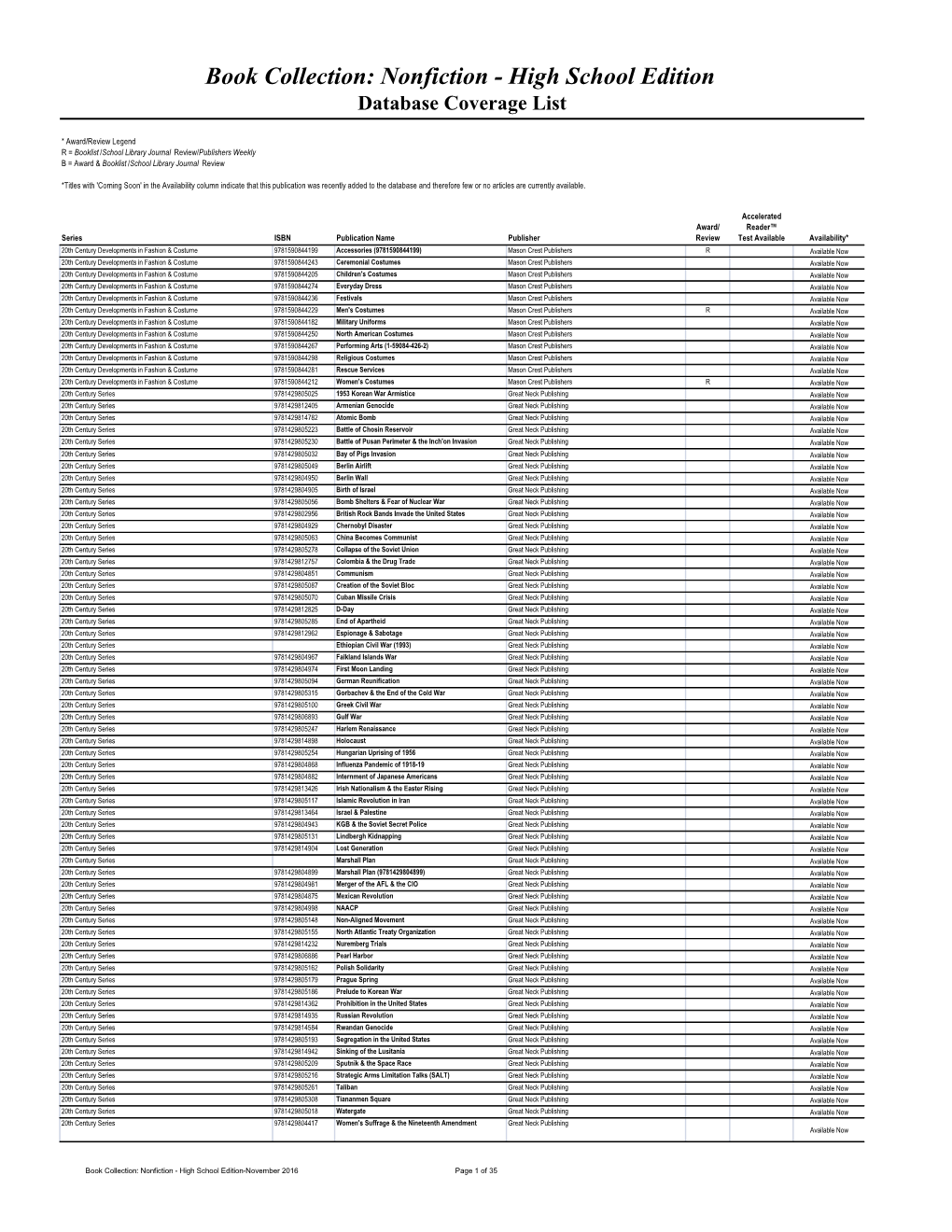 Book Collection: Nonfiction - High School Edition Database Coverage List