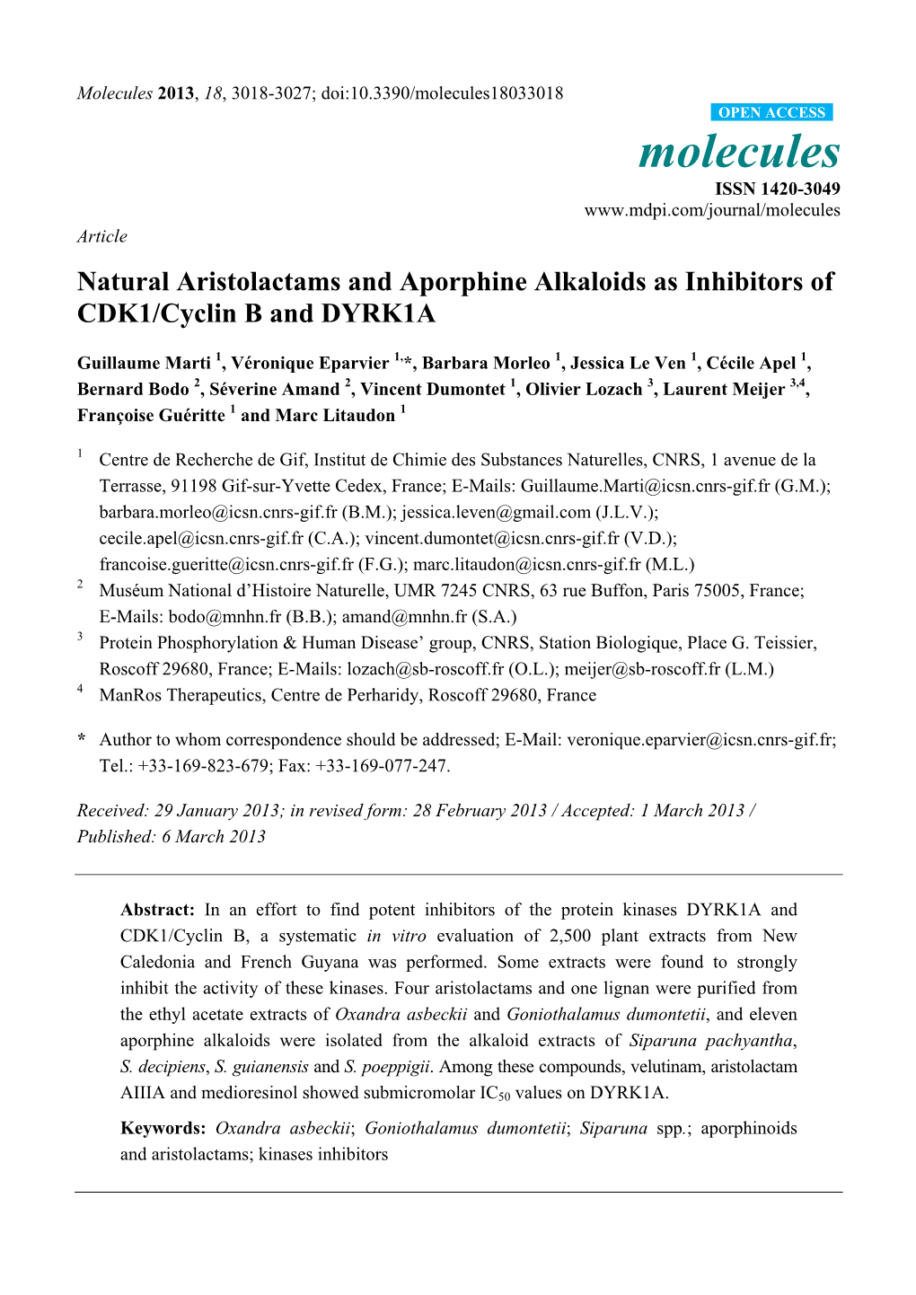 Natural Aristolactams and Aporphine Alkaloids As Inhibitors of CDK1/Cyclin B and DYRK1A
