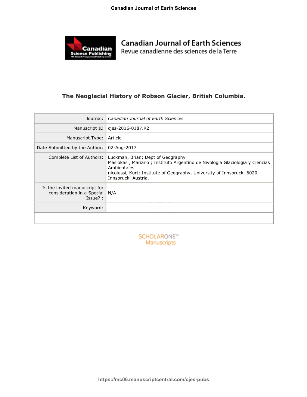 The Neoglacial History of Robson Glacier, British Columbia