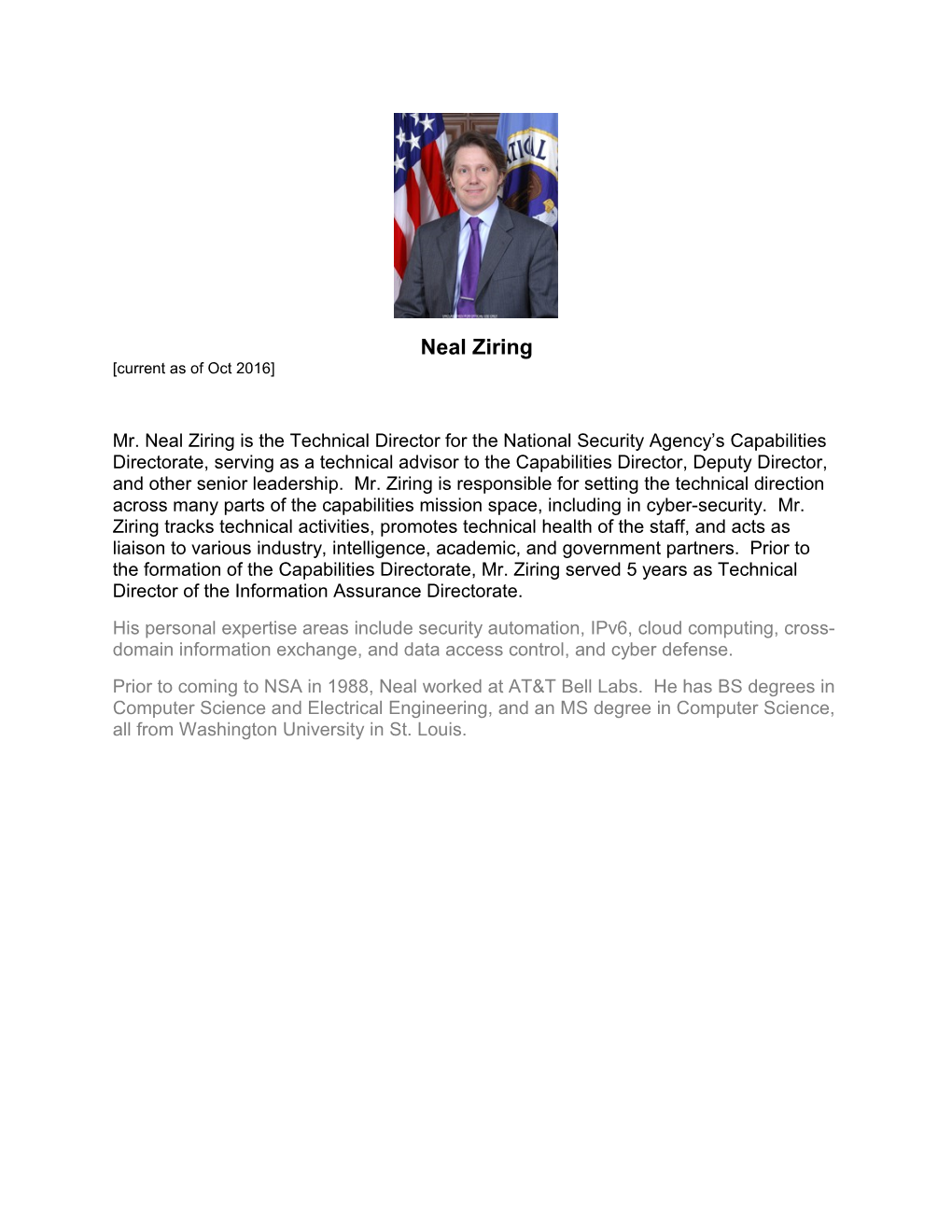 Neal Ziring Very Short Bio