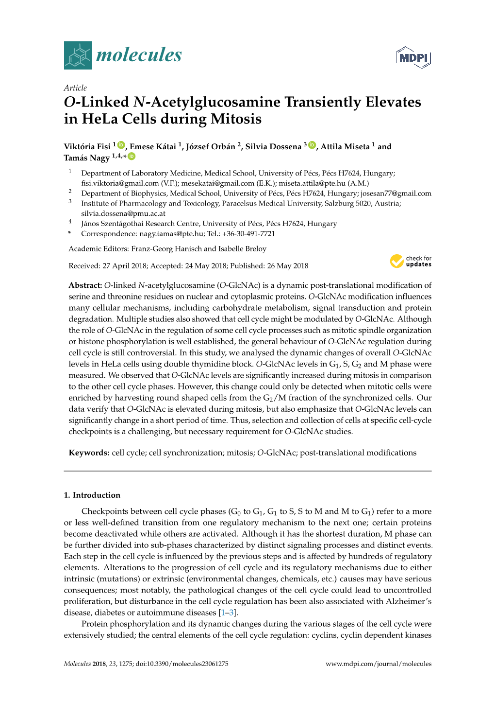 O-Linked N-Acetylglucosamine Transiently Elevates in Hela Cells During Mitosis