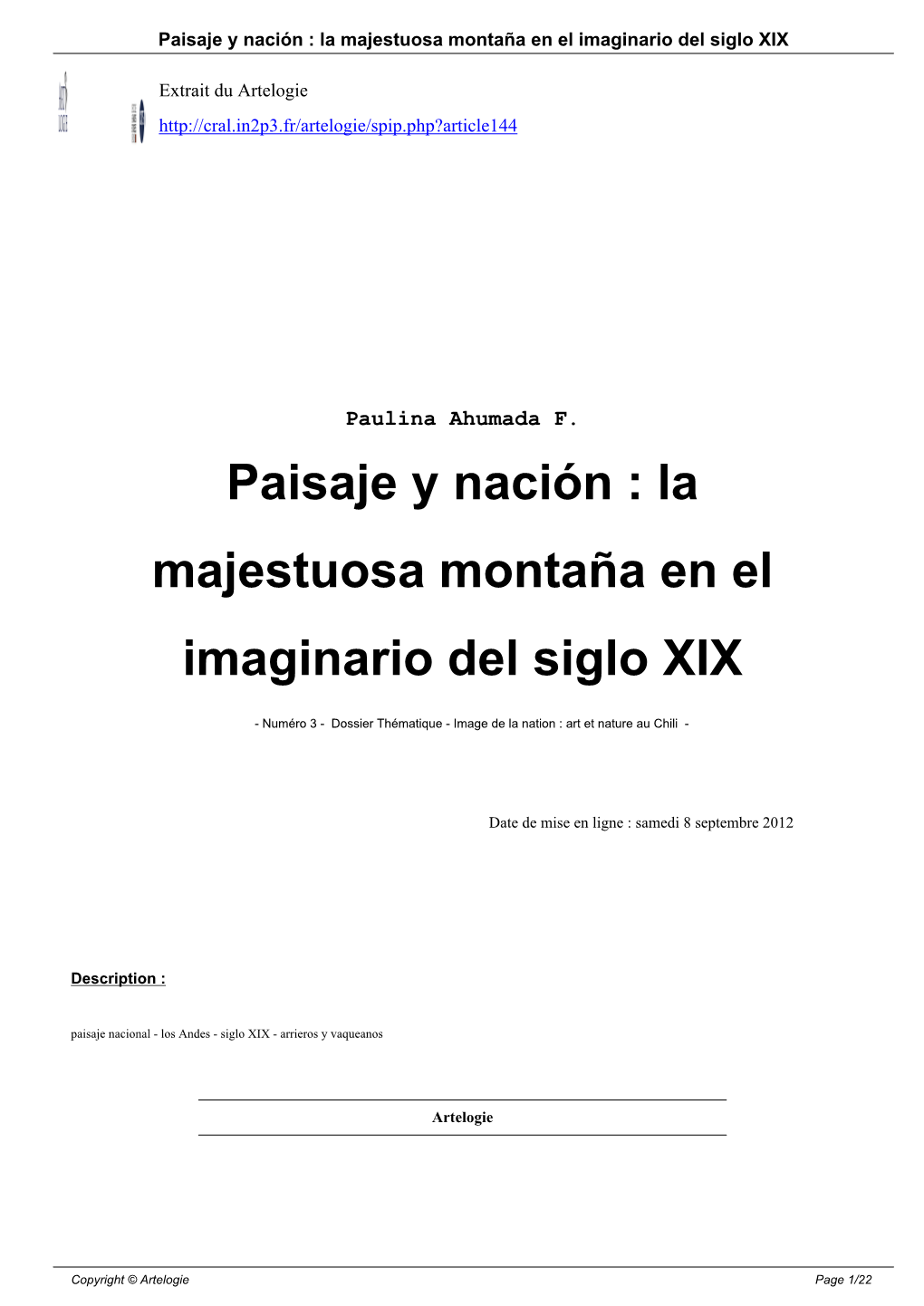 Paisaje Y Nación : La Majestuosa Montaña En El Imaginario Del Siglo XIX