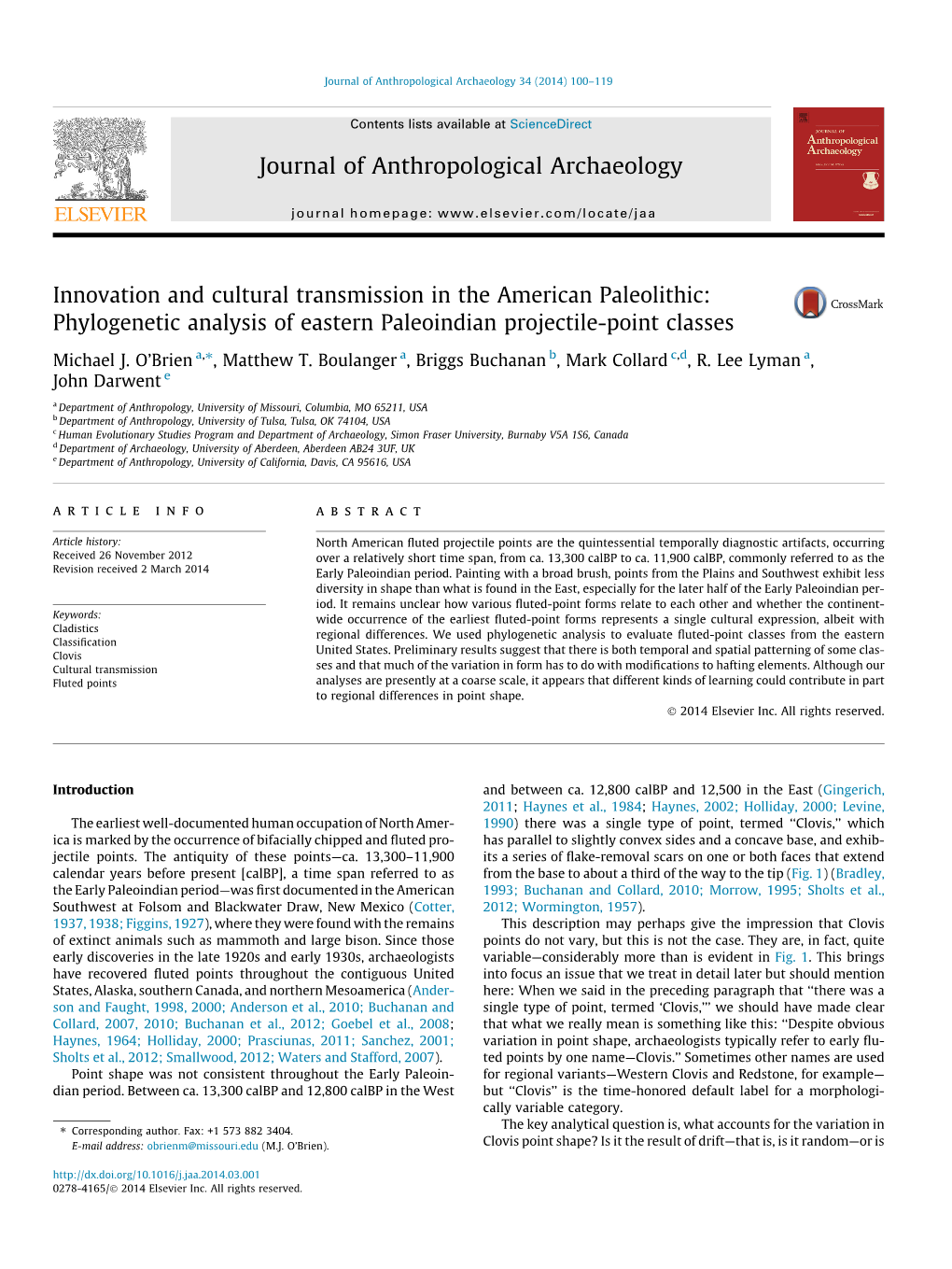 Phylogenetic Analysis of Eastern Paleoindian Projectile-Point Classes ⇑ Michael J