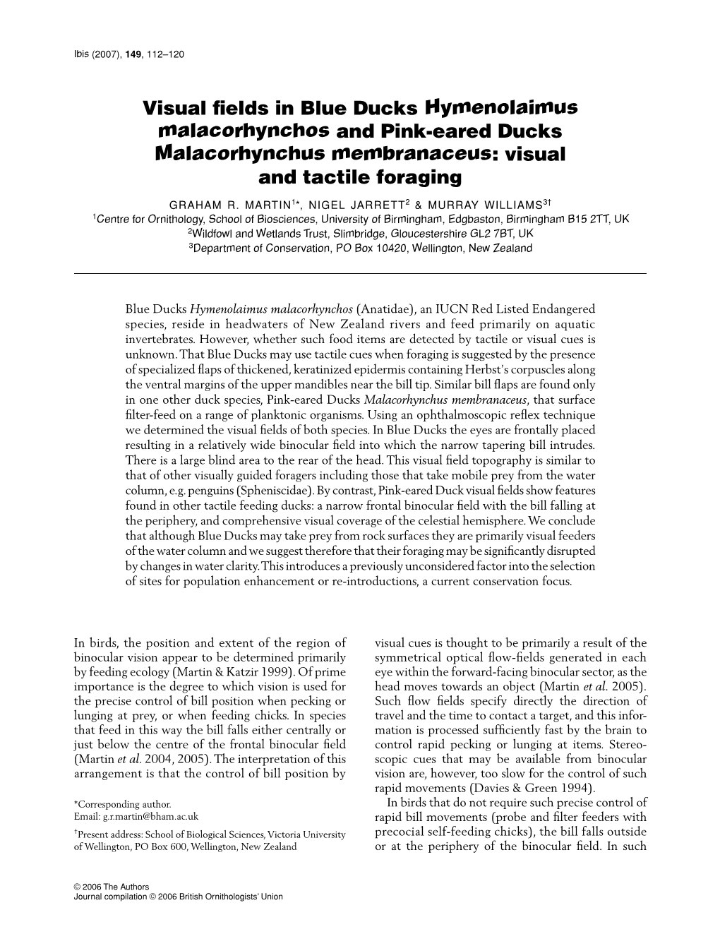 Visual Fields in Blue Ducks Hymenolaimus