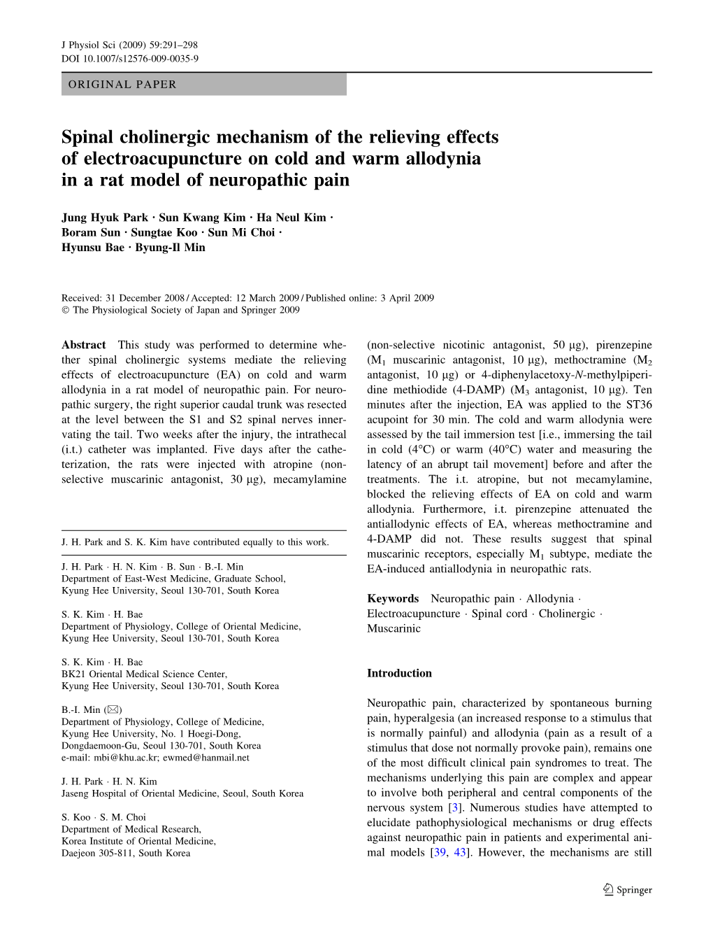 Spinal Cholinergic Mechanism of the Relieving Effects of Electroacupuncture on Cold and Warm Allodynia in a Rat Model of Neuropathic Pain
