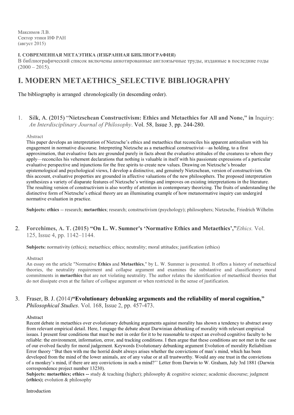 I. Modern Metaethics Selective Bibliography