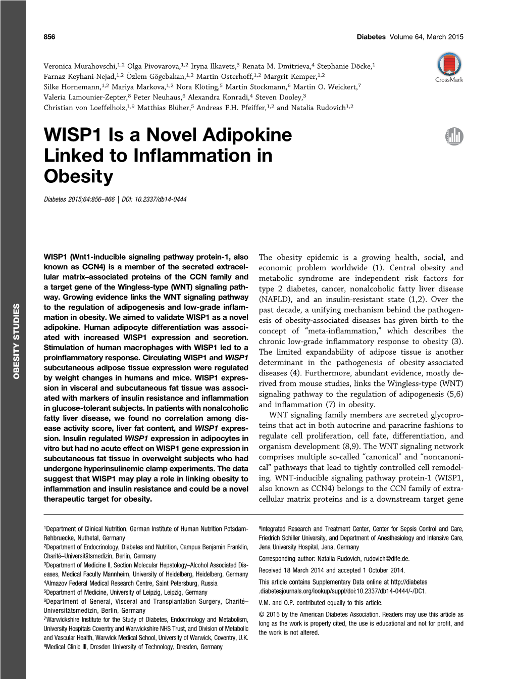 WISP1 Is a Novel Adipokine Linked to Inflammation in Obesity