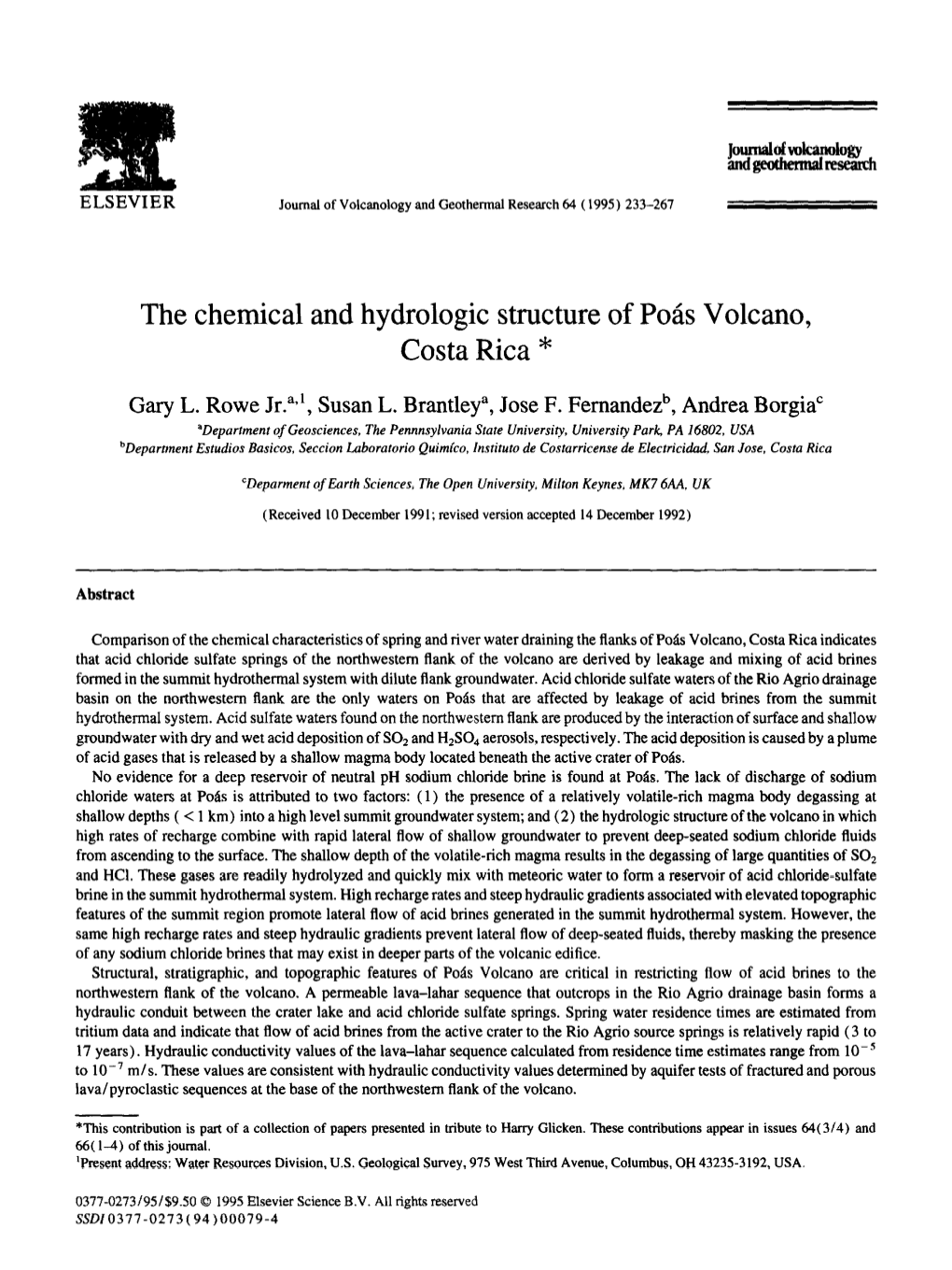 The Chemical and Hydrologic Structure of PO& Volcano, Costa Rica *