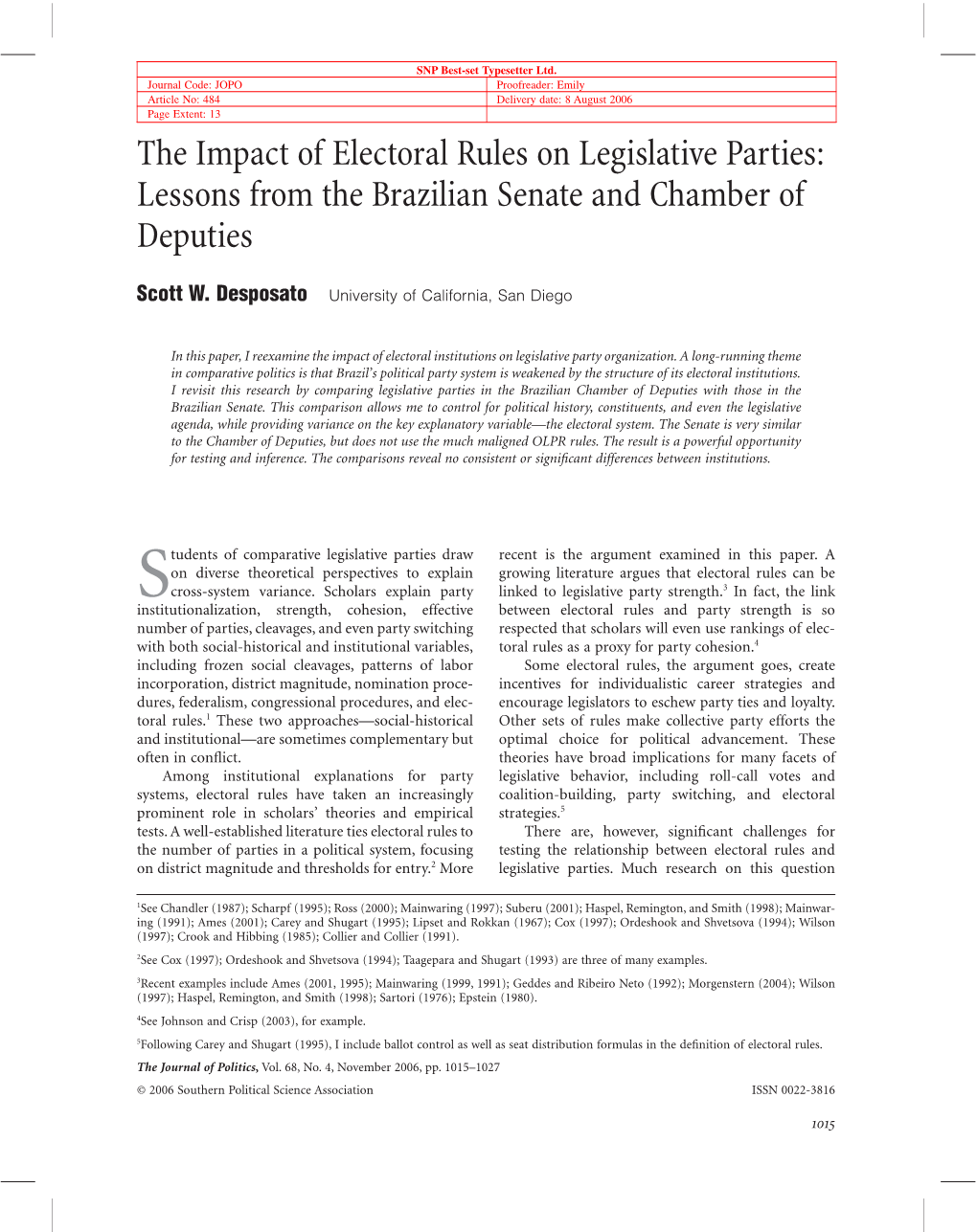 The Impact of Electoral Rules on Legislative Parties 1017