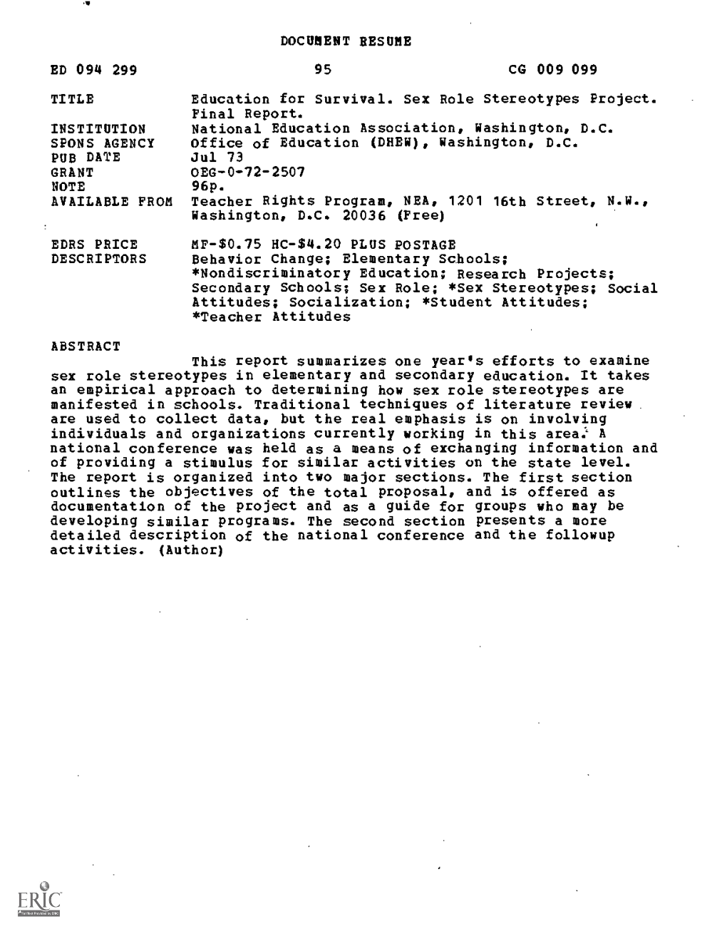 Education for Survival. Sex Role Stereotypes Project. Final Report. INSTITUTION National Education Association, Washington, D.C