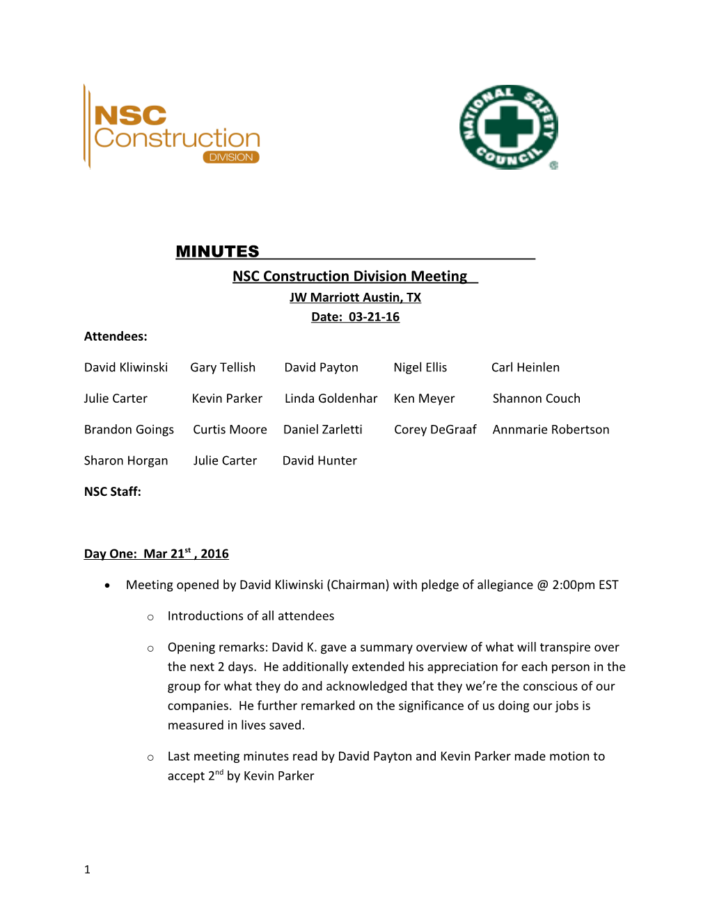 Construction Division Spring Meeting Minutes