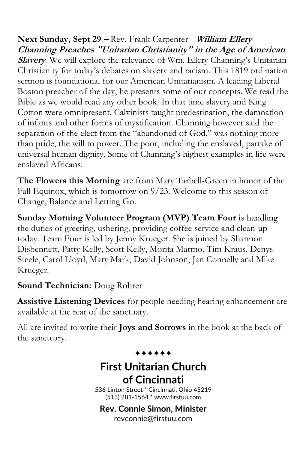 First Unitarian Church of Cincinnati 536 Linton Street * Cincinnati, Ohio 45219 (513) 281-1564 *