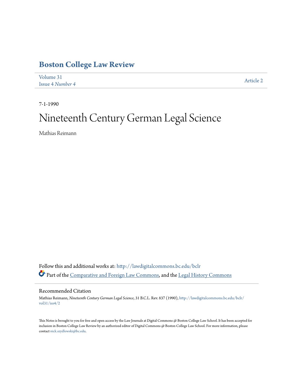 Nineteenth Century German Legal Science Mathias Reimann