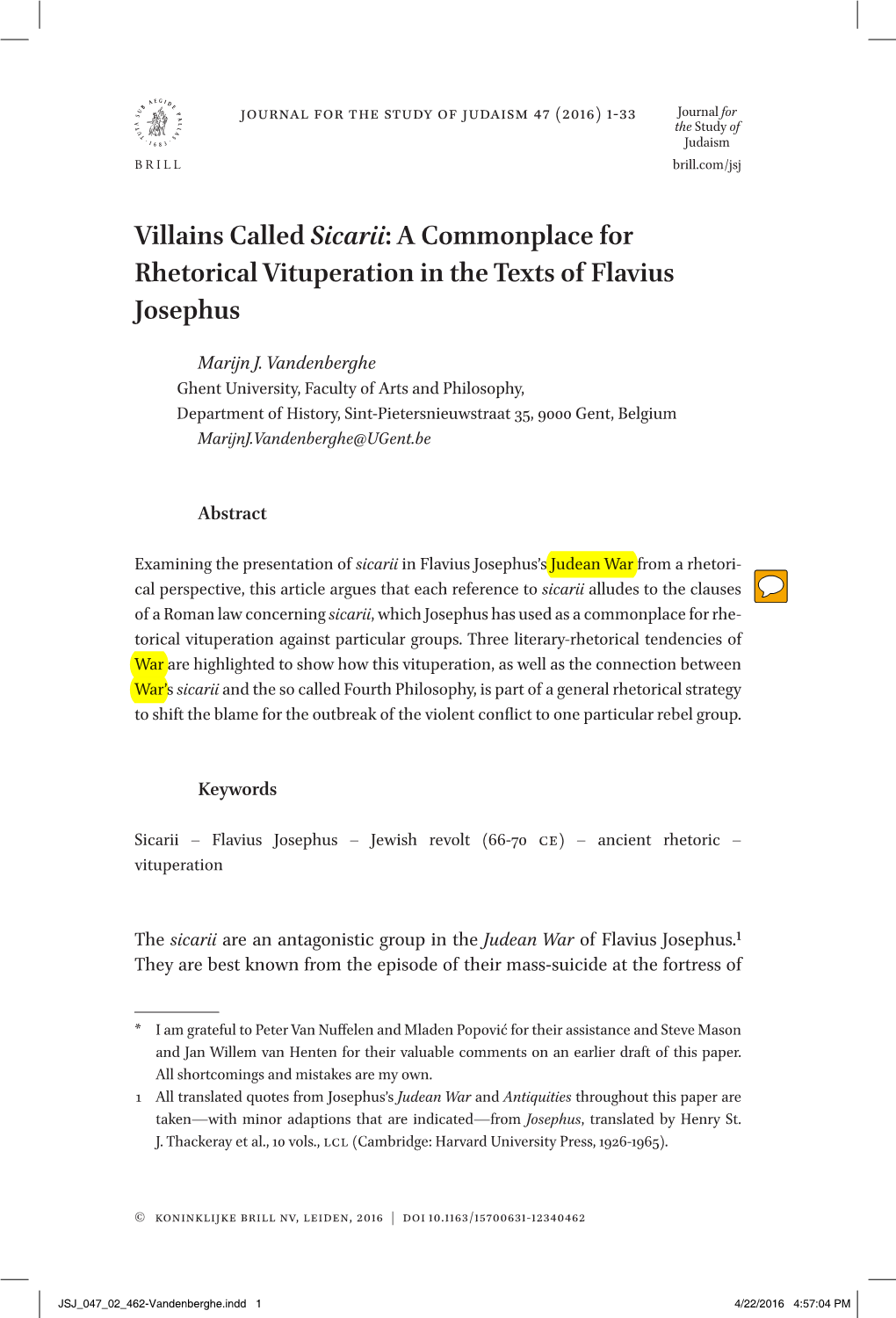 Villains Called Sicarii: a Commonplace for Rhetorical Vituperation in the Texts of Flavius Josephus