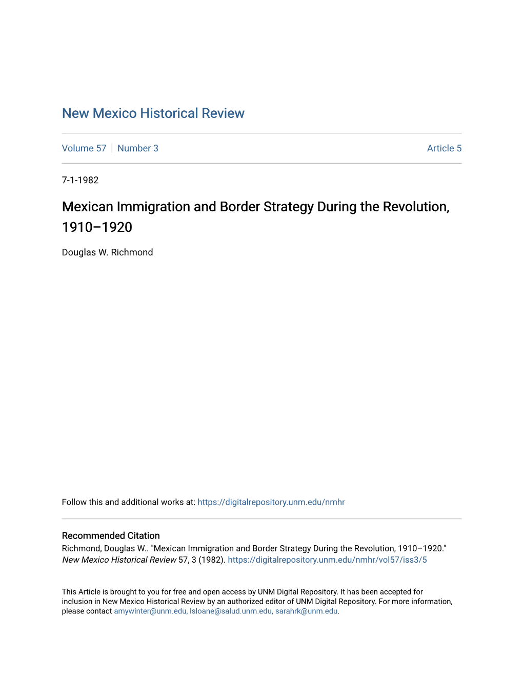 Mexican Immigration and Border Strategy During the Revolution, 1910Â•Fi1920