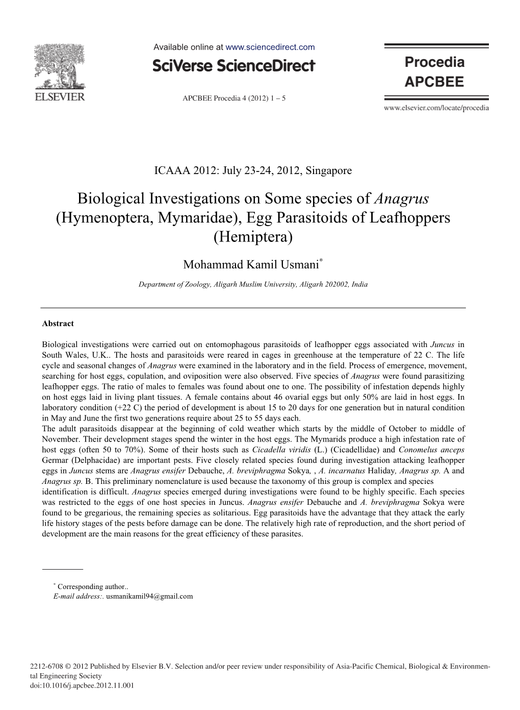 Biological Investigations on Some Species of Anagrus (Hymenoptera, Mymaridae), Egg Parasitoids of Leafhoppers (Hemiptera)