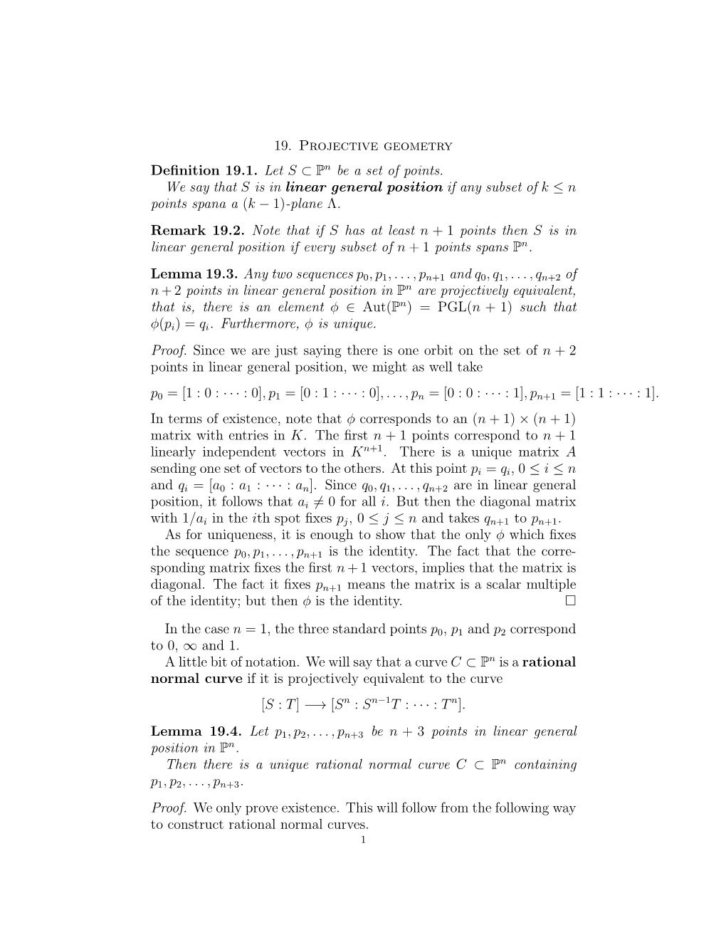 19. Projective Geometry Definition 19.1. Let S ⊂ P N Be a Set of Points