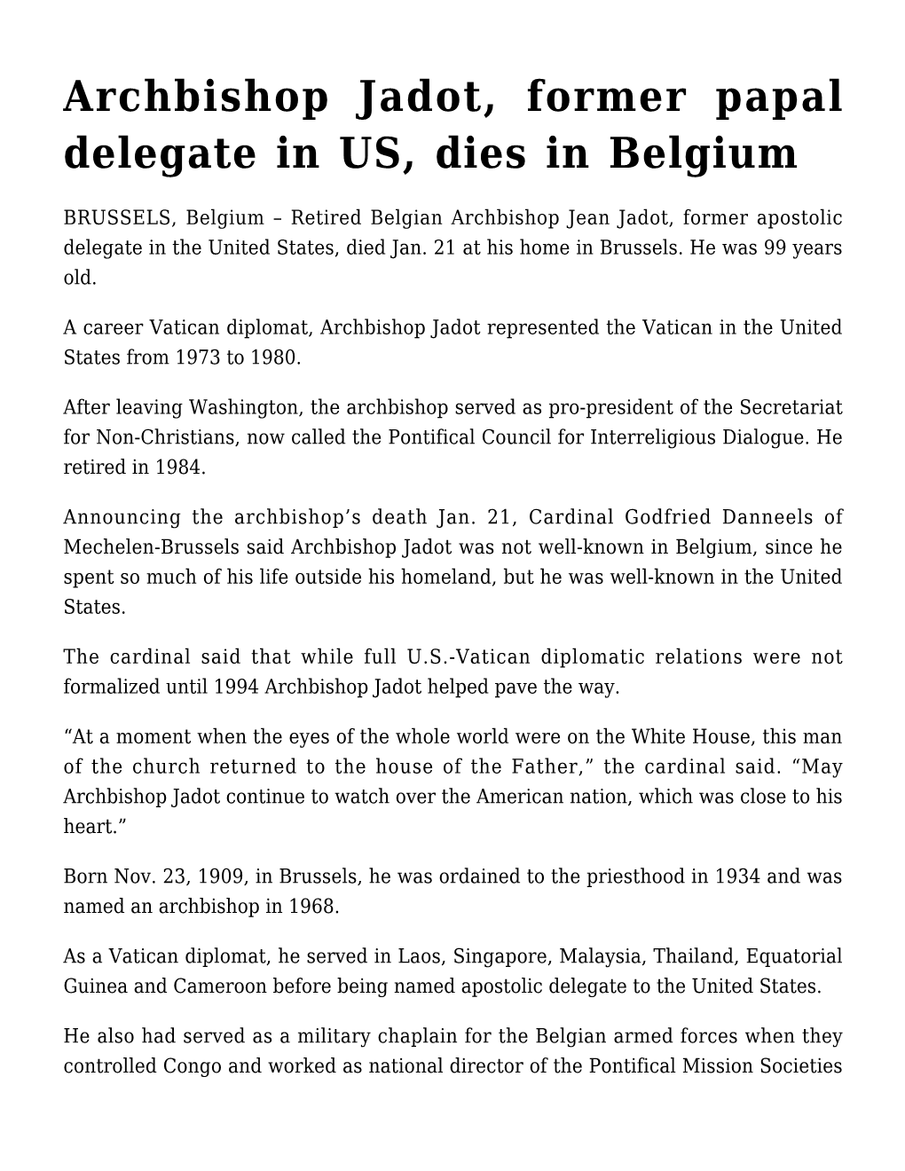 Archbishop Jadot, Former Papal Delegate in US, Dies in Belgium