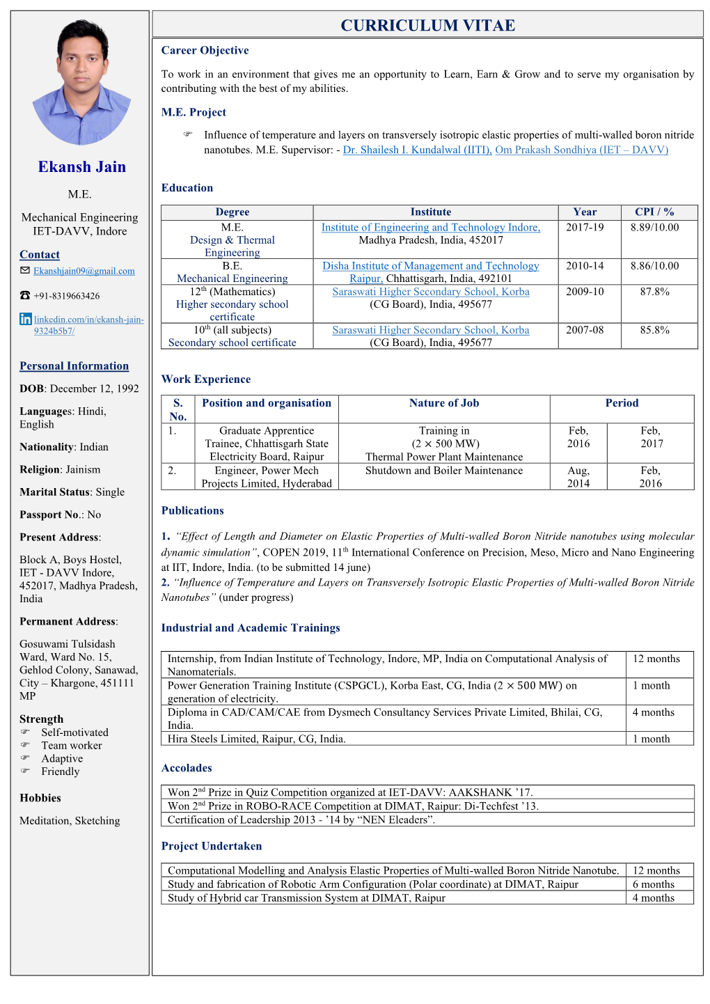 CURRICULUM VITAE Ekansh Jain