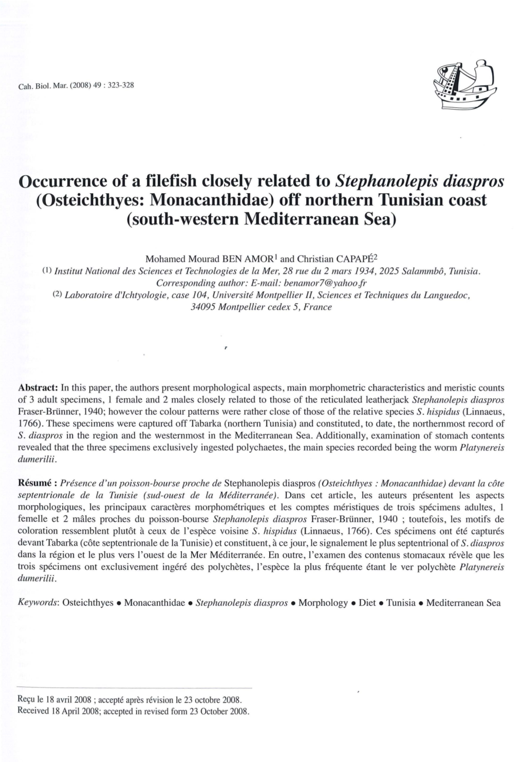 Osteichthyes: Monacanthidae) Off Northern Tunisian Coast (South-Western Mediterranean Sea