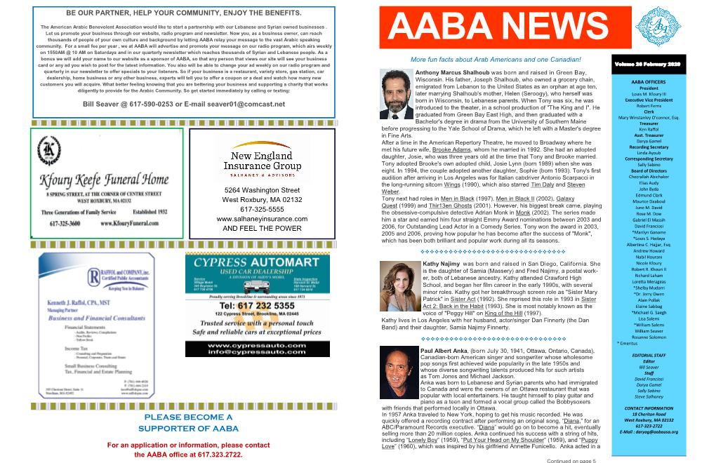 AABA NEWS on 1550AM @ 10 AM on Saturdays and in Our Quarterly Newsletter Which Reaches Thousands of Syrian and Lebanese People