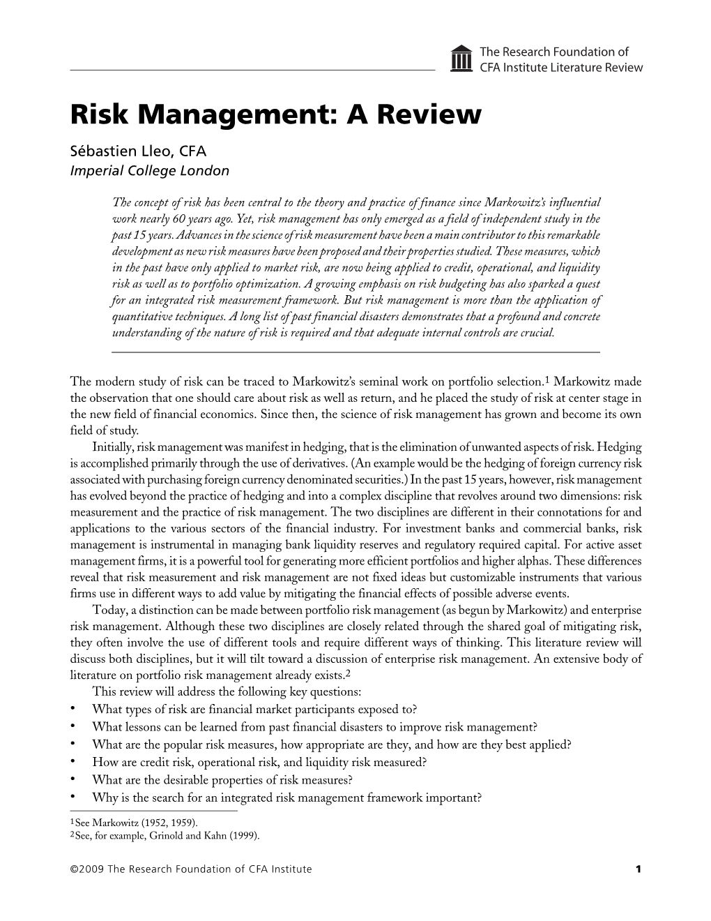 Risk Management: a Review