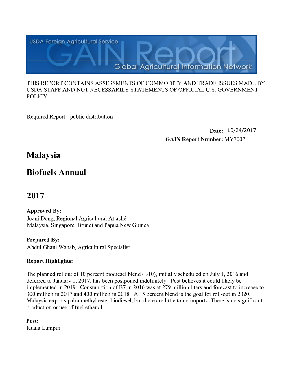 Malaysia Biofuels Annual 2017 (GAIN)