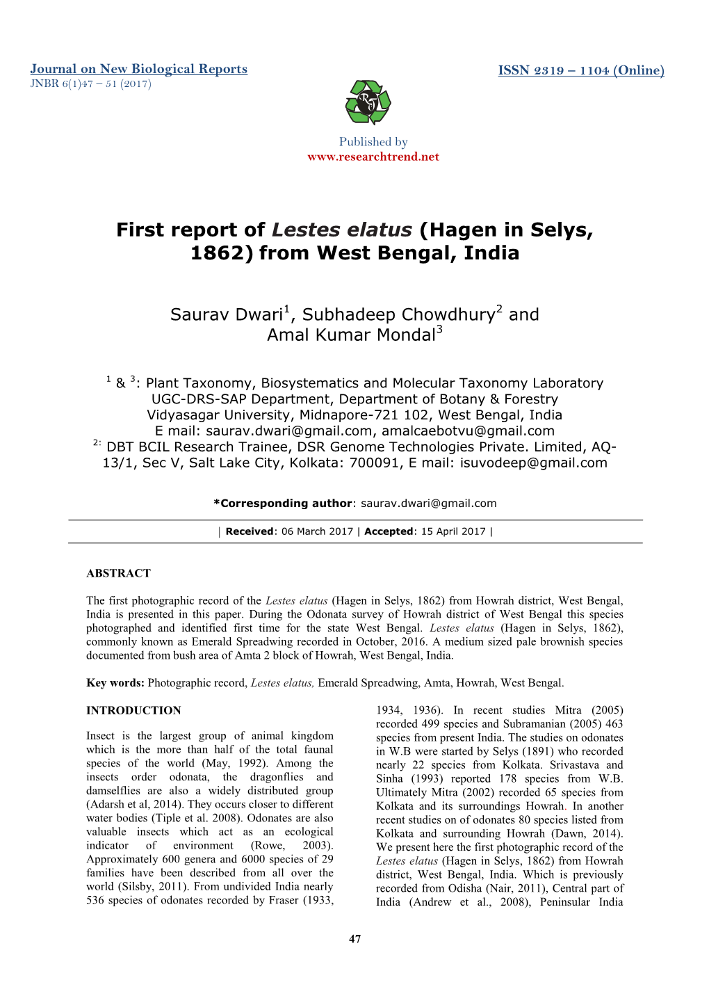 First Report of Lestes Elatus (Hagen in Selys, 1862) from West Bengal, India