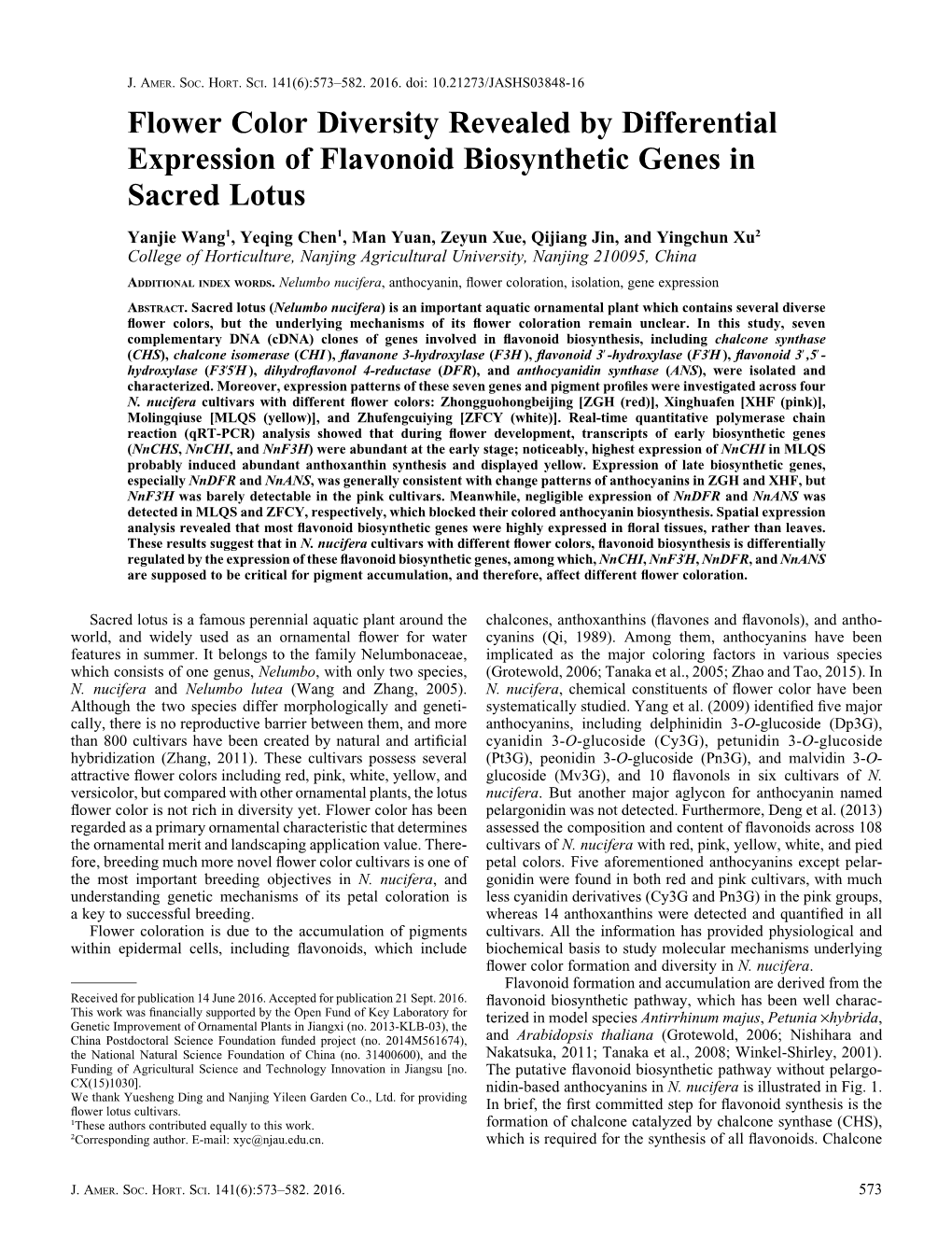 Flower Color Diversity Revealed by Differential Expression of Flavonoid Biosynthetic Genes in Sacred Lotus