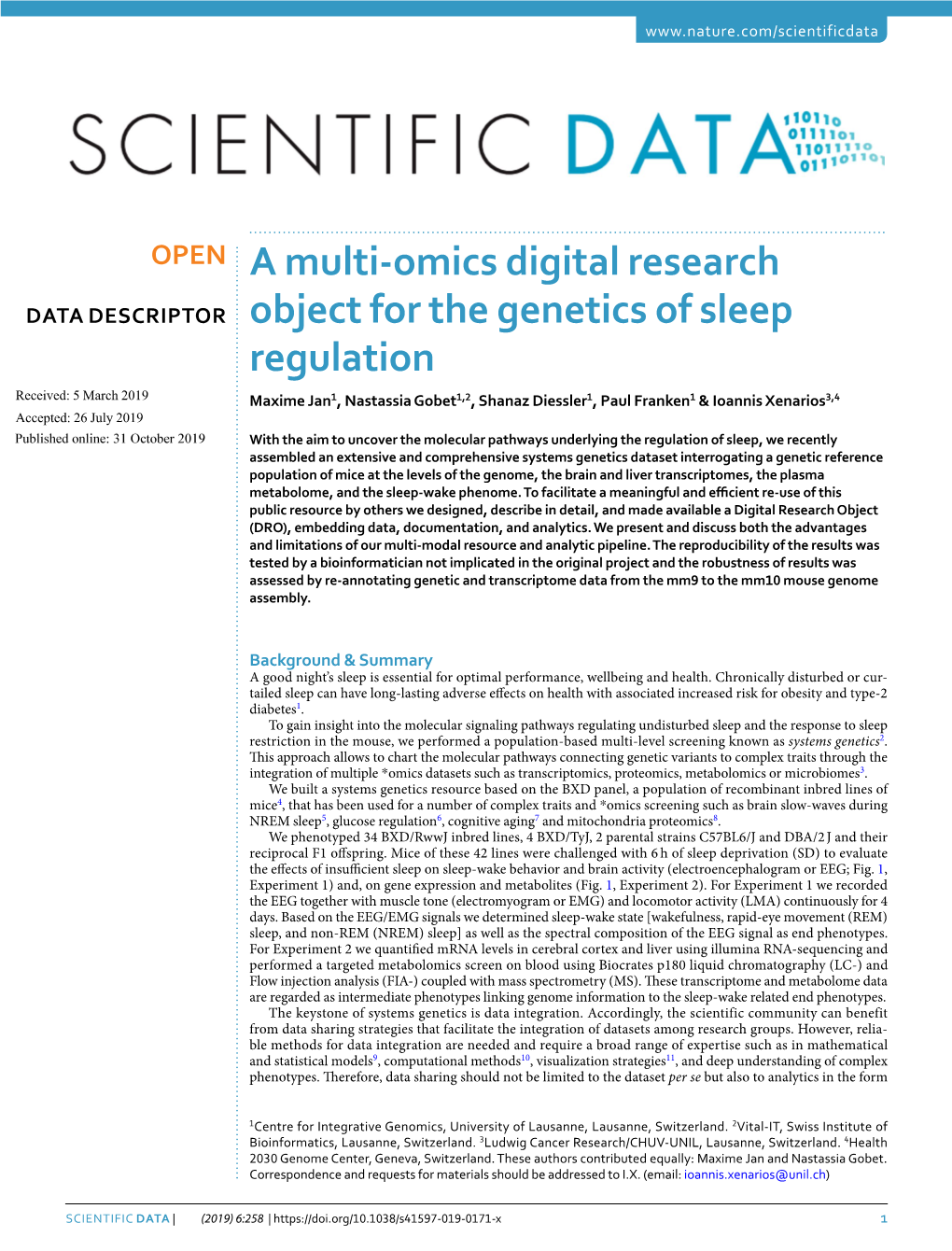 A Multi-Omics Digital Research Object for the Genetics of Sleep Regulation