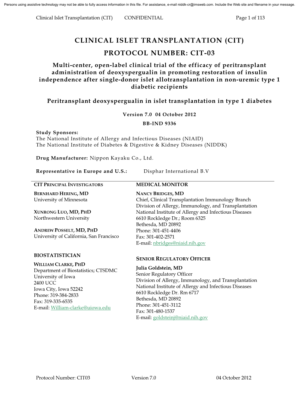 Clinical Islet Transplantation (Cit) Protocol Number