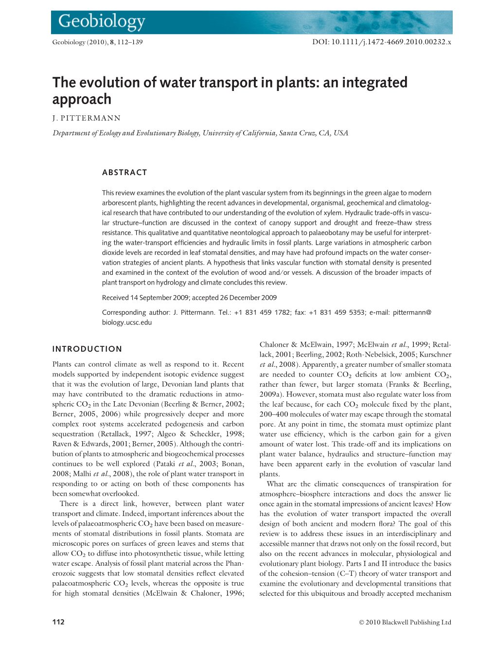 The Evolution of Water Transport in Plants: an Integrated Approach J