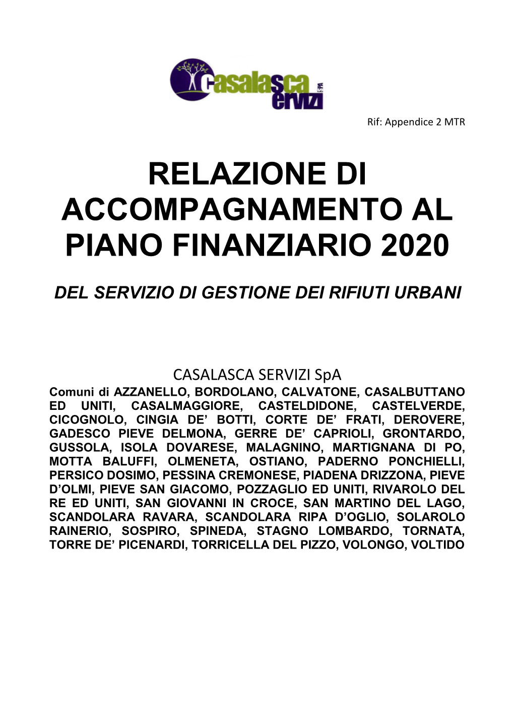 Relazione Di Accompagnamento Al Piano Finanziario 2020