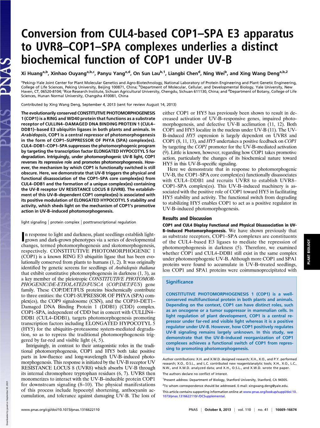 Conversion from CUL4-Based COP1–SPA E3 Apparatus to UVR8–COP1–SPA Complexes Underlies a Distinct Biochemical Function of COP1 Under UV-B