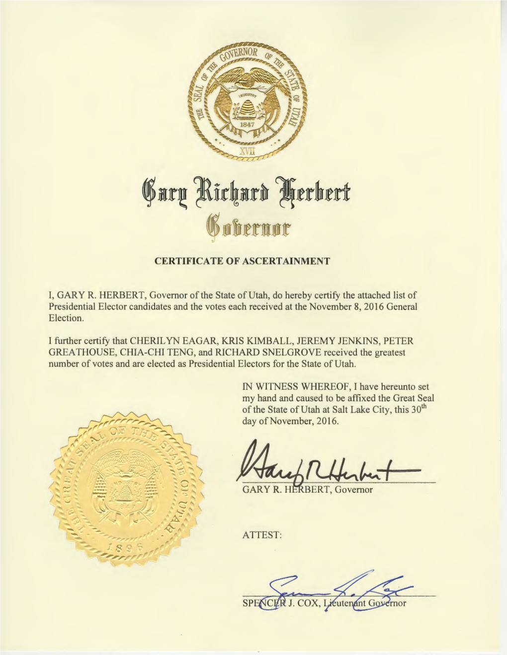 Utah Certificate of Ascertainment