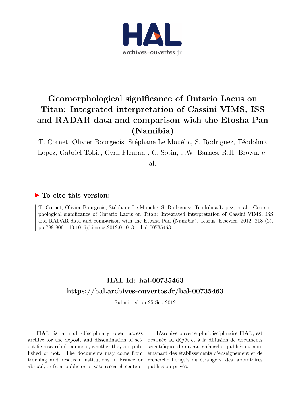 Geomorphological Significance of Ontario Lacus on Titan: Integrated Interpretation of Cassini VIMS, ISS and RADAR Data and Comparison with the Etosha Pan (Namibia) T