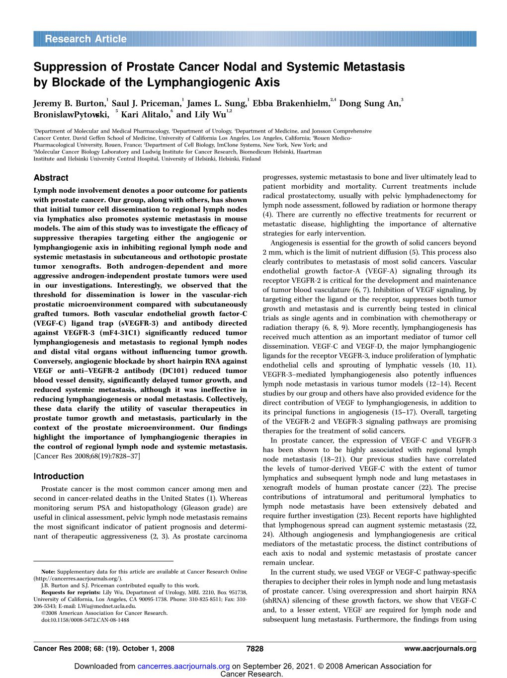 Suppression of Prostate Cancer Nodal and Systemic Metastasis by Blockade of the Lymphangiogenic Axis