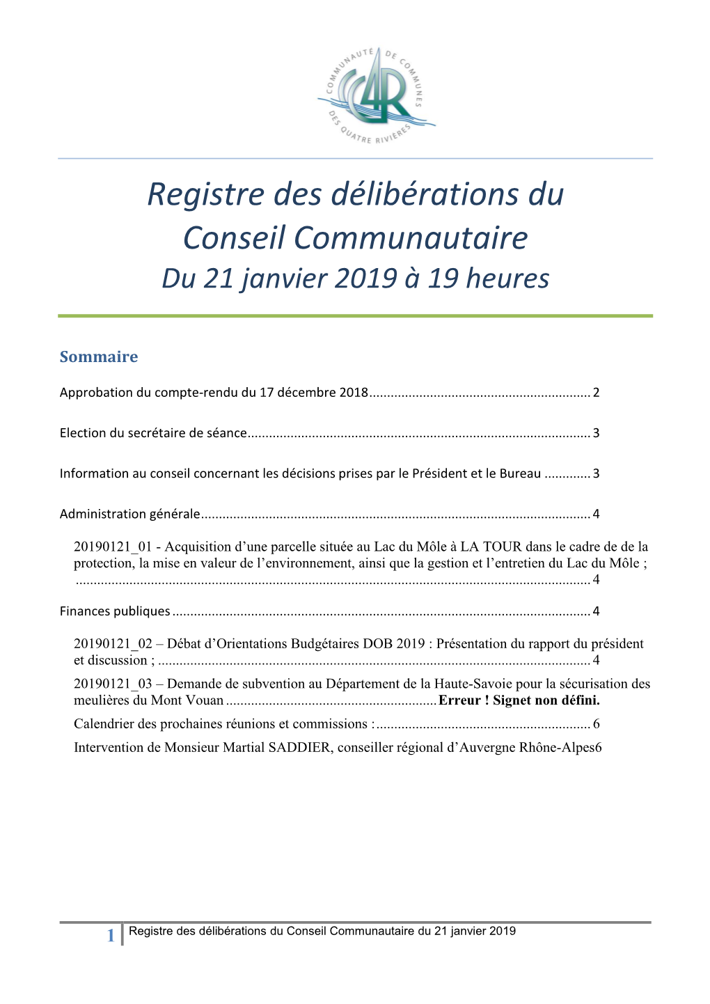 Registre Du Conseil Communautaire Du 21 Janvier 2019
