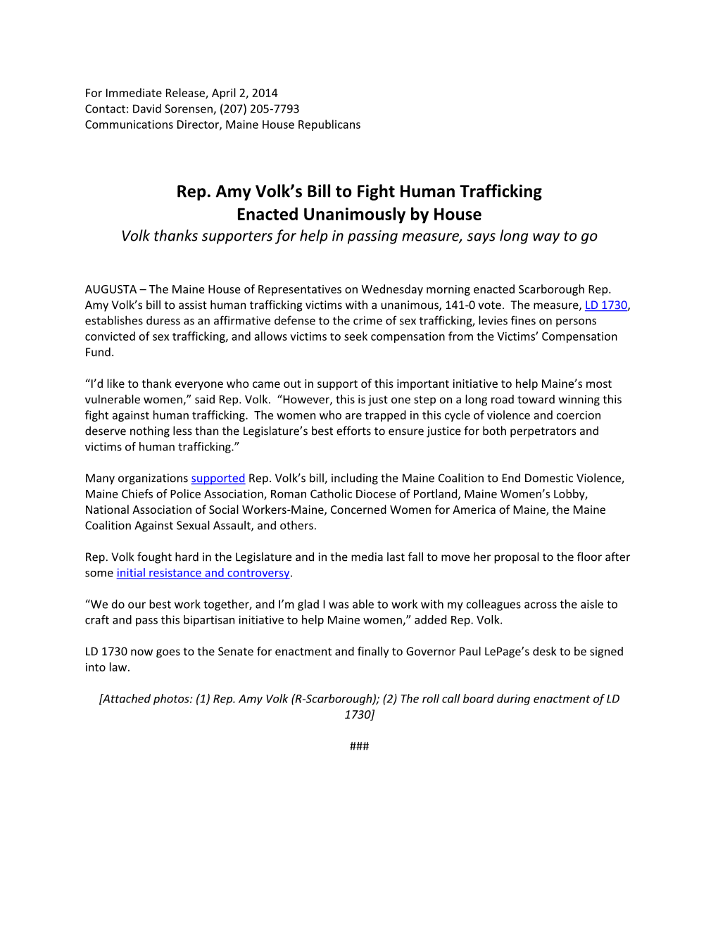Rep. Amy Volk's Bill to Fight Human Trafficking Enacted Unanimously By