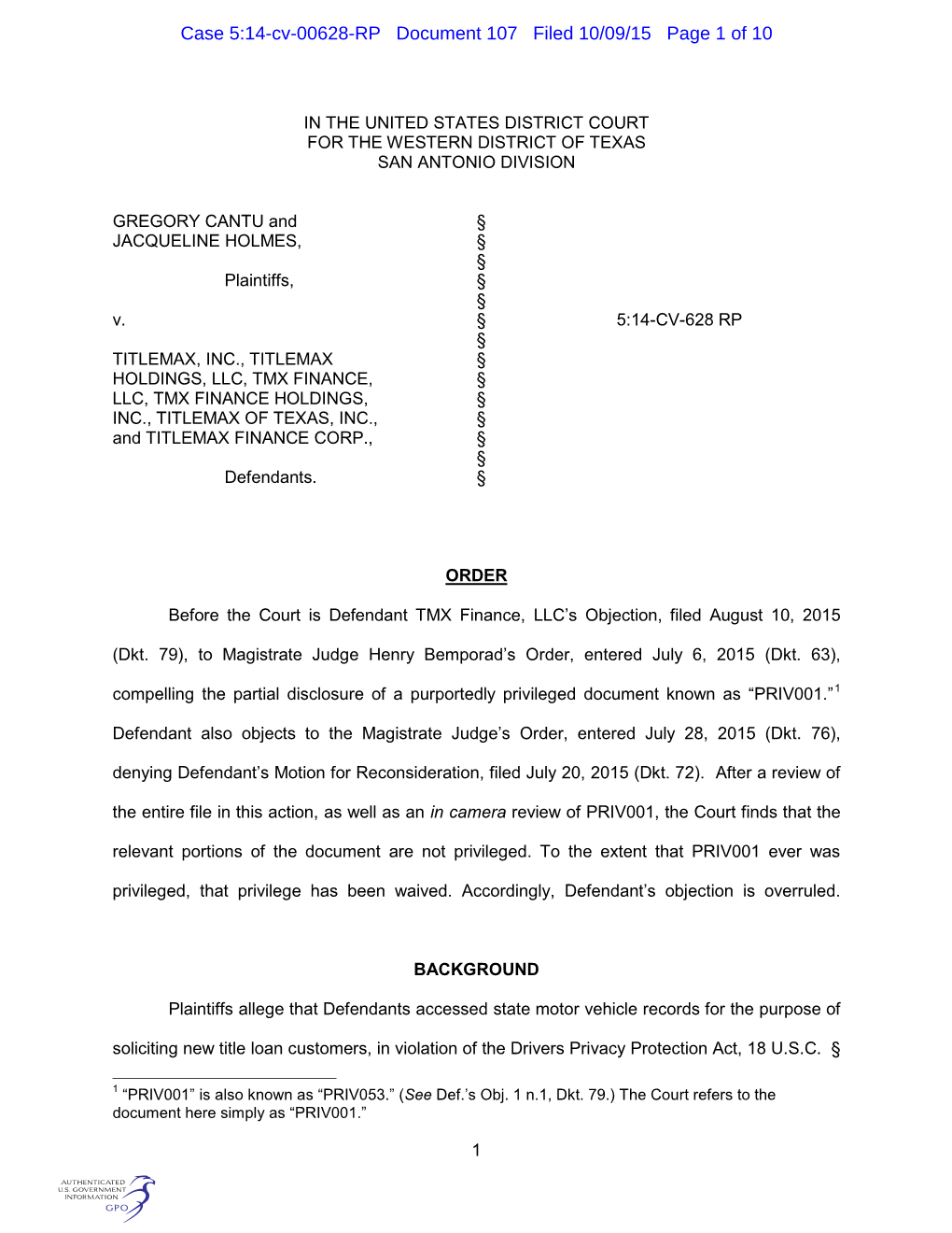 Case 5:14-Cv-00628-RP Document 107 Filed 10/09/15 Page 1 of 10