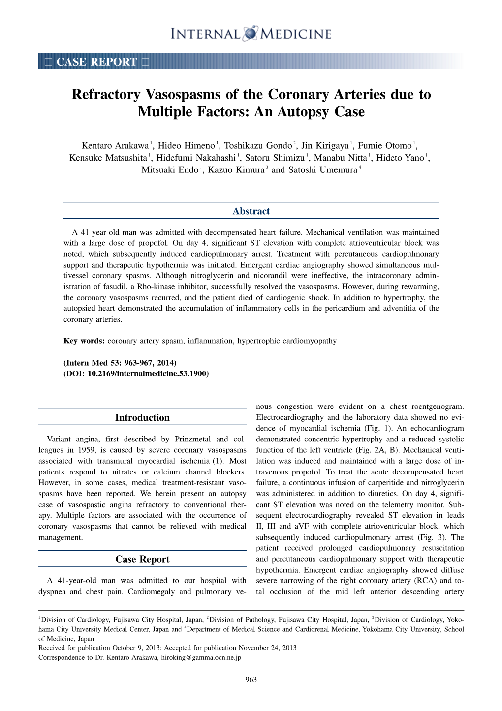 Refractory Vasospasms of the Coronary Arteries Due to Multiple Factors: an Autopsy Case